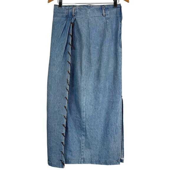 Vtg Be Bop Denim Maxi Skirt Sz 11 Leather Cord Whip Stitch Wrap Detail Lt Wash - Picture 1 of 9